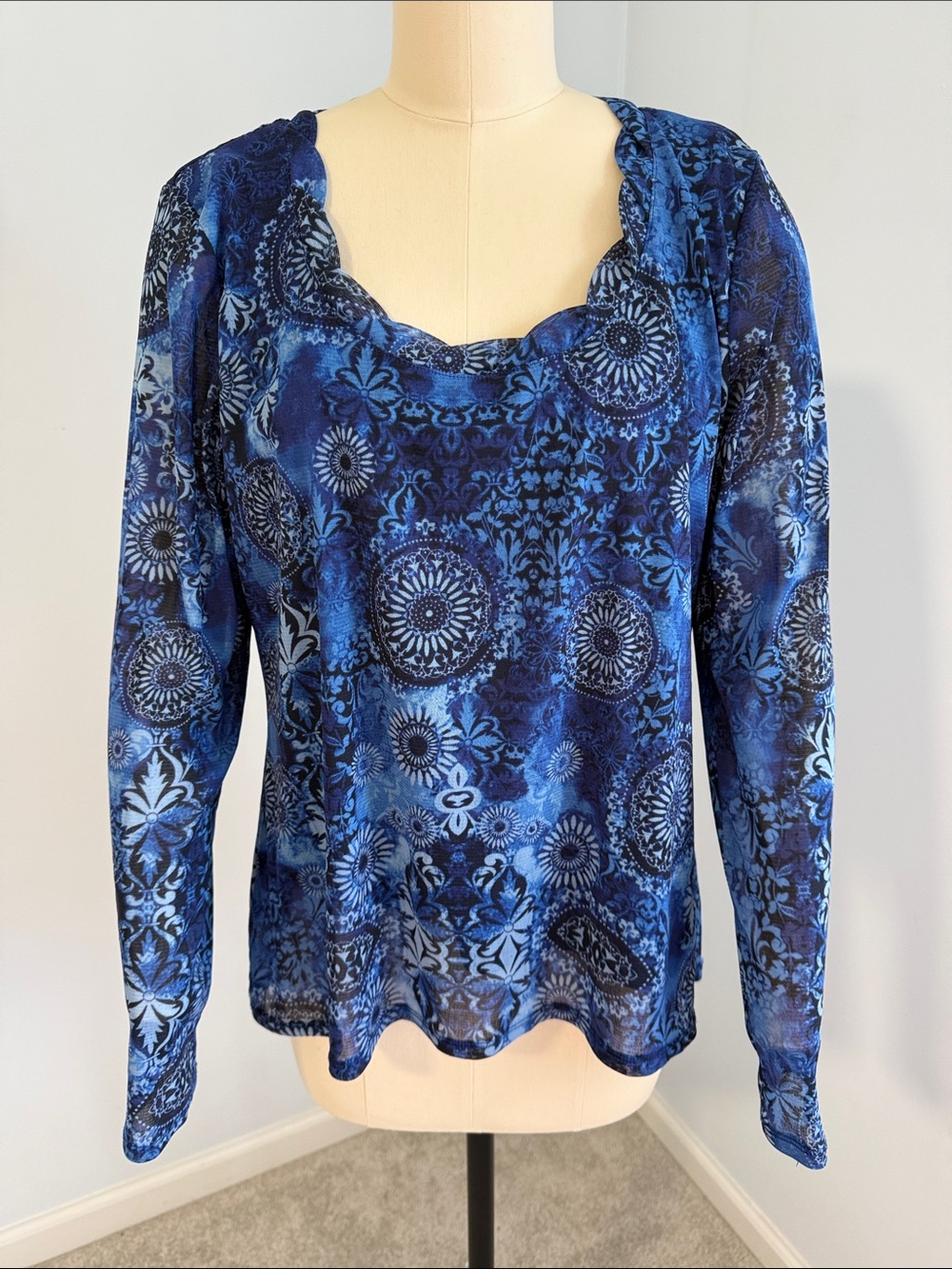 Axcess Blue Printed Long Sleeve Sheer overlay Women's Top SZXL